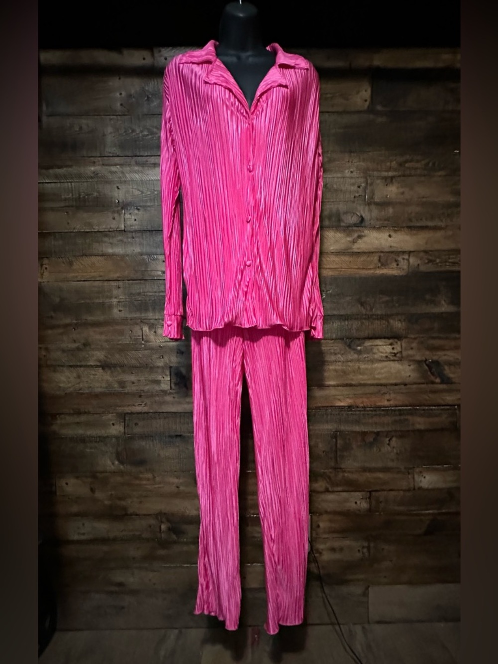 Fuchsia Pleated Plisse Button Up Two-Piece Set